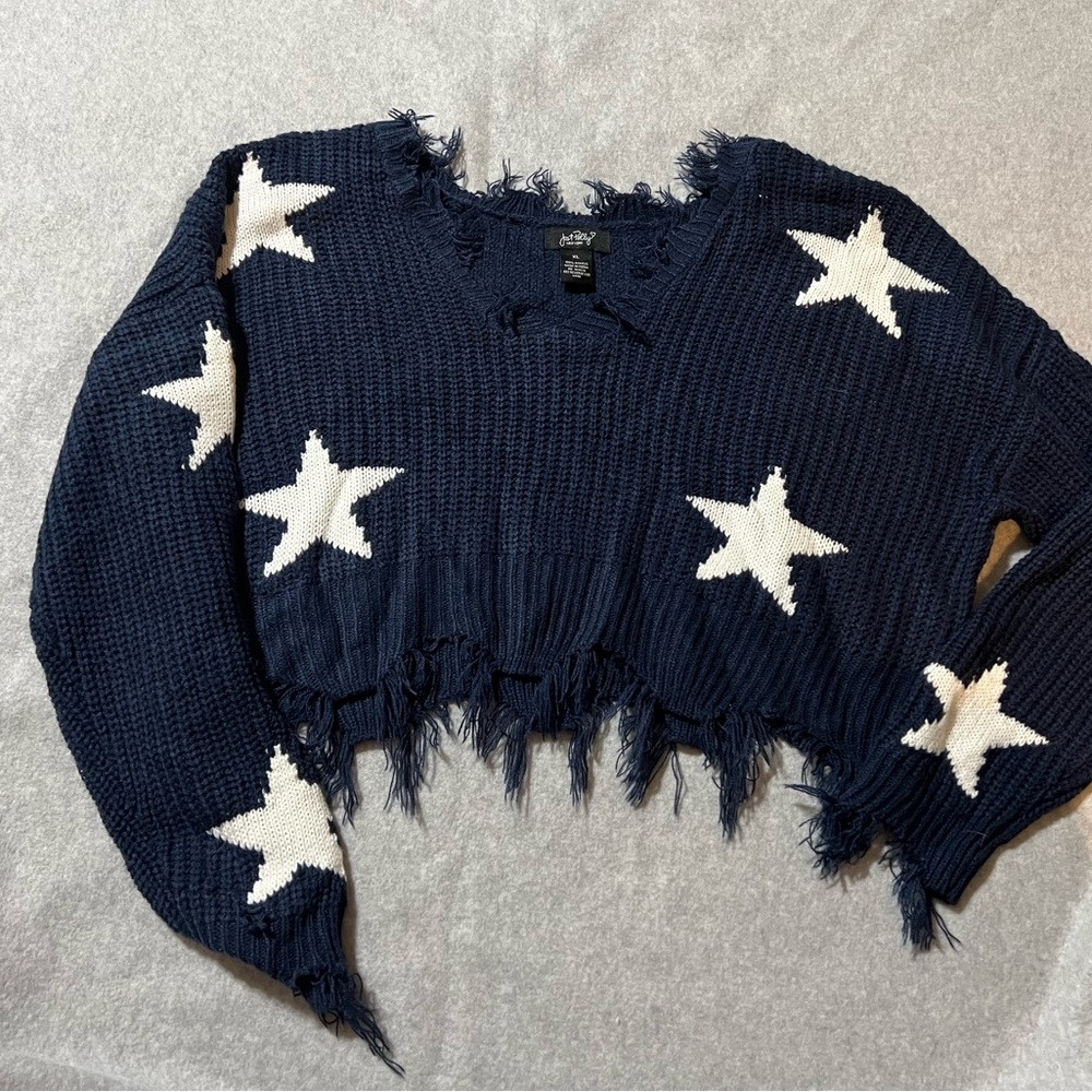 Just Polly New York Trendy Distressed Navy V-Neck Sweater with White Stars